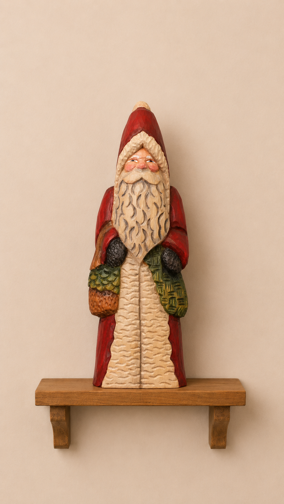 Father Christmas wood carving in red robe holding pine cones, displayed on a wooden shelf