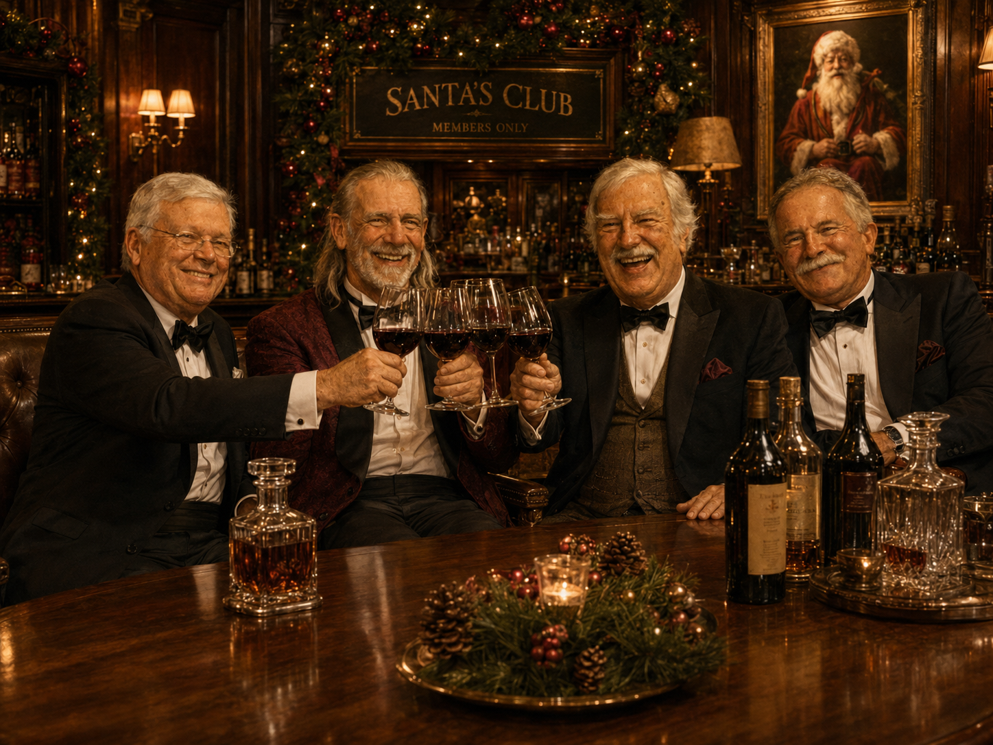 Four men in formal attire toasting at Santa's Club