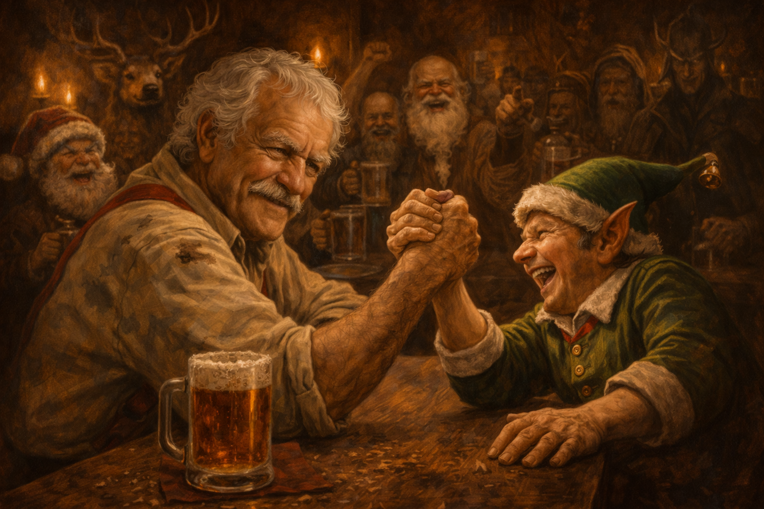 The Old Woodcarver arm wrestling a jolly elf at the club tavern
