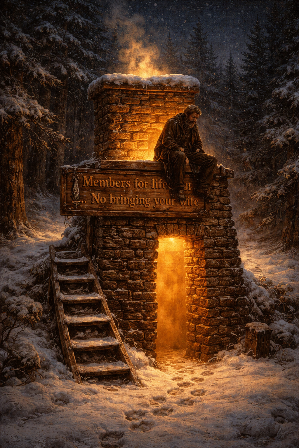 The club entrance in a snowy winter forest with a sign reading Members for life — No bringing your wife