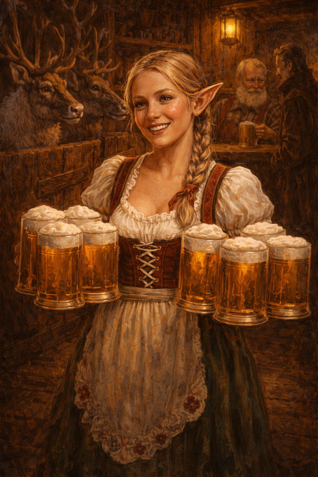 Elf waitress carrying a tray full of frothy beer mugs at the club