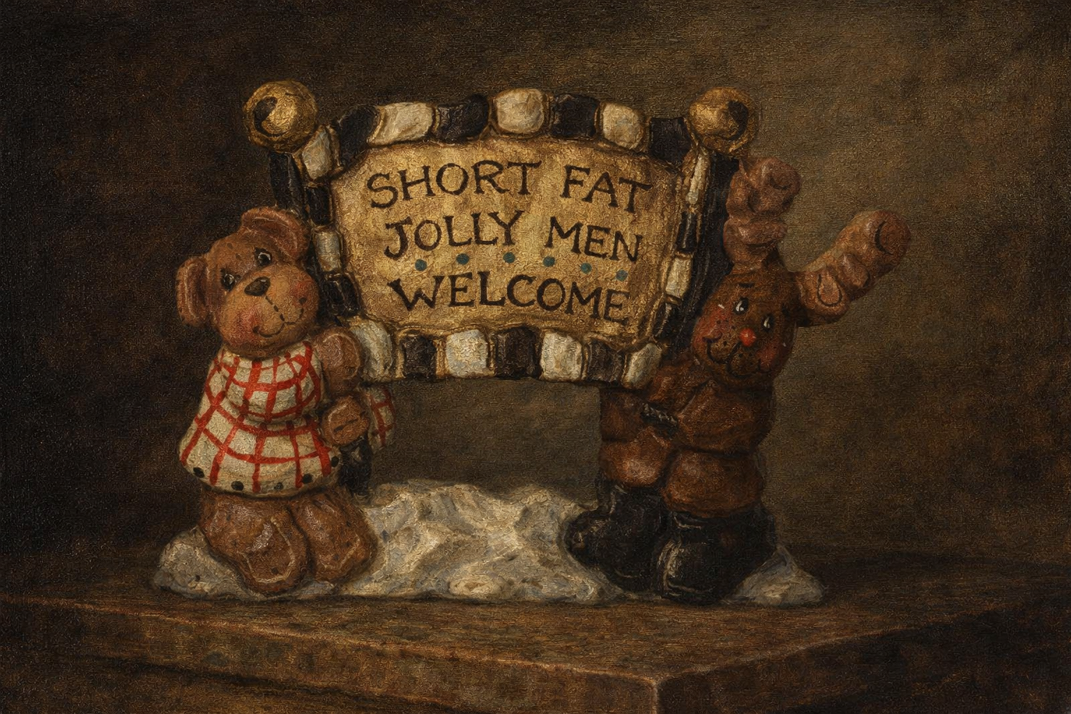Short Fat Jolly Men Welcome sign held by a bear and a moose