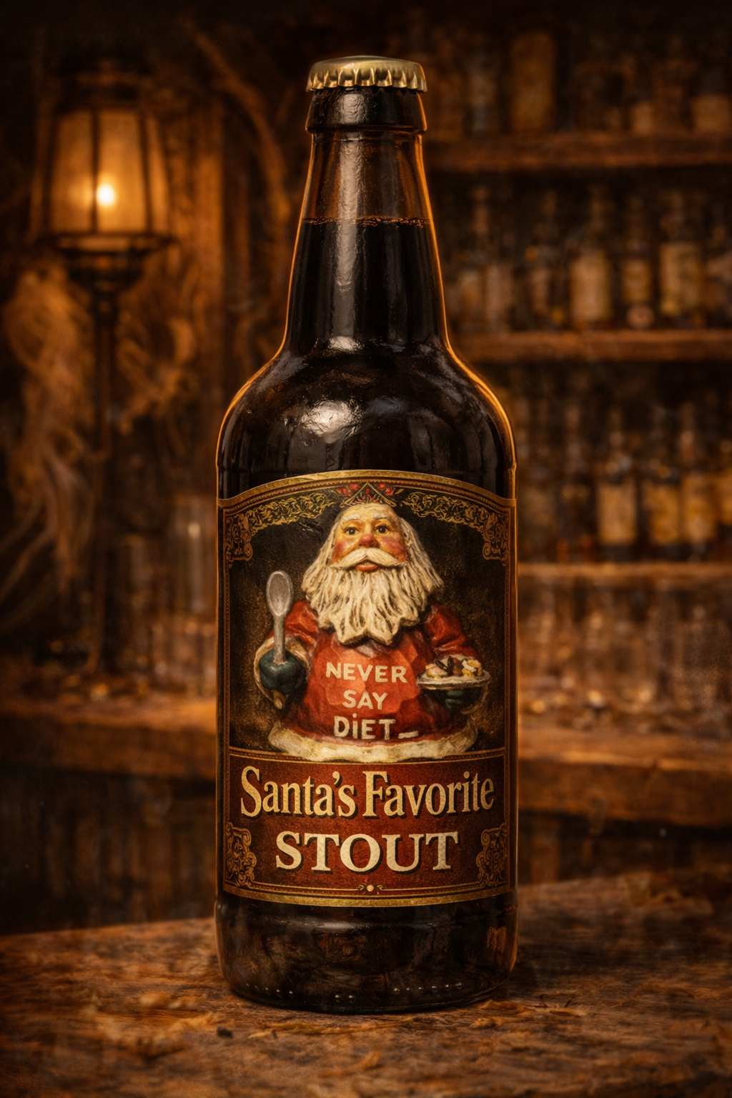 Santa's Favorite Stout — Never Say Diet beer bottle at the club bar