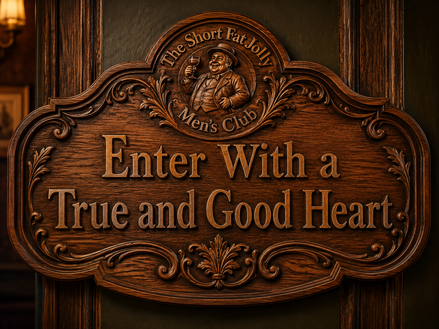 The Short Fat Jolly Men's Club carved wooden sign reading Enter With a True and Good Heart
