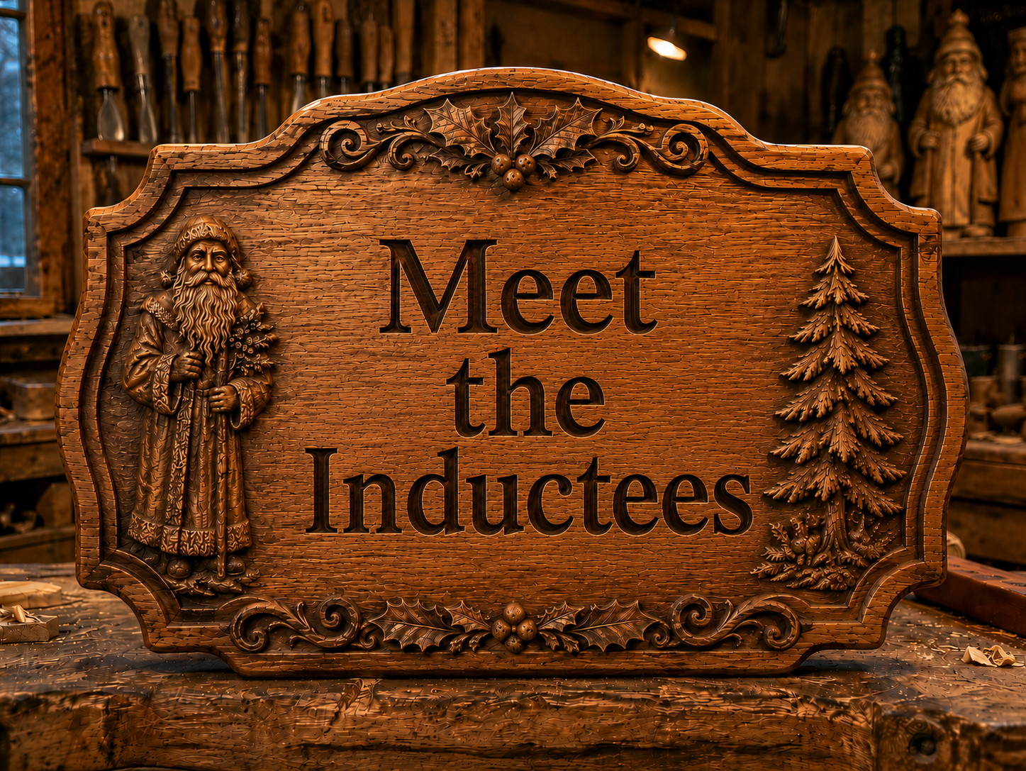 Carved wooden sign reading Meet the Inductees with Father Christmas and evergreen tree relief carvings
