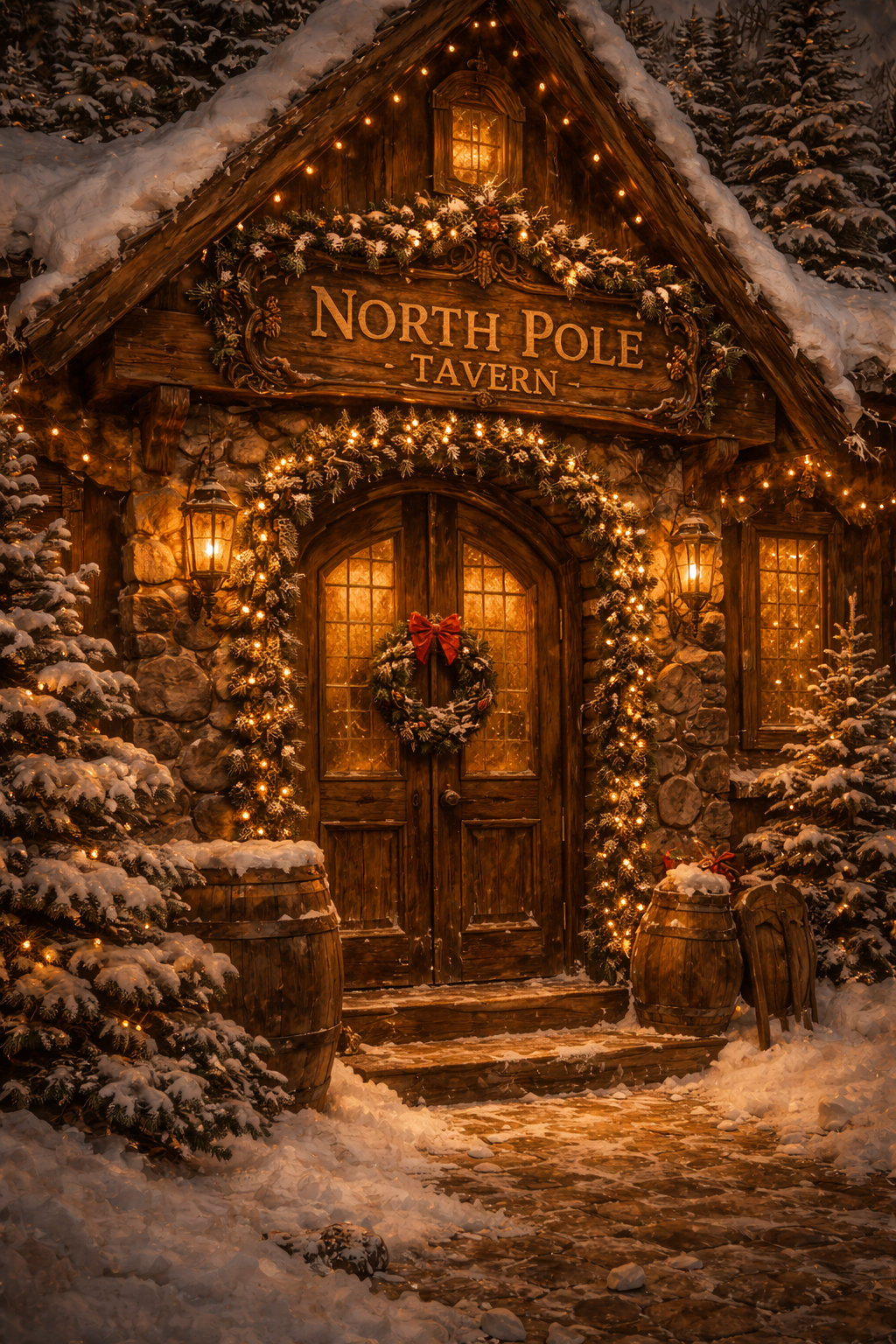 The North Pole Tavern in winter, snow-covered with warm golden lights and a Christmas wreath on the door