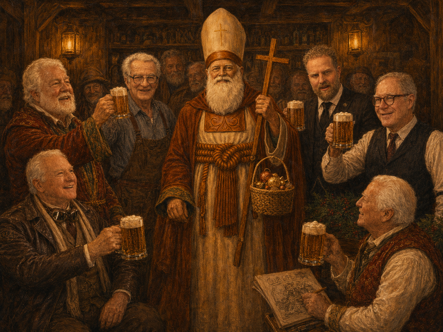 Saint Nicholas with club members raising beer mugs in a tavern