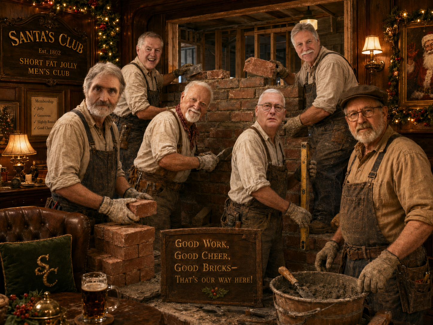 Club members in work clothes building a brick wall at Santa's Club