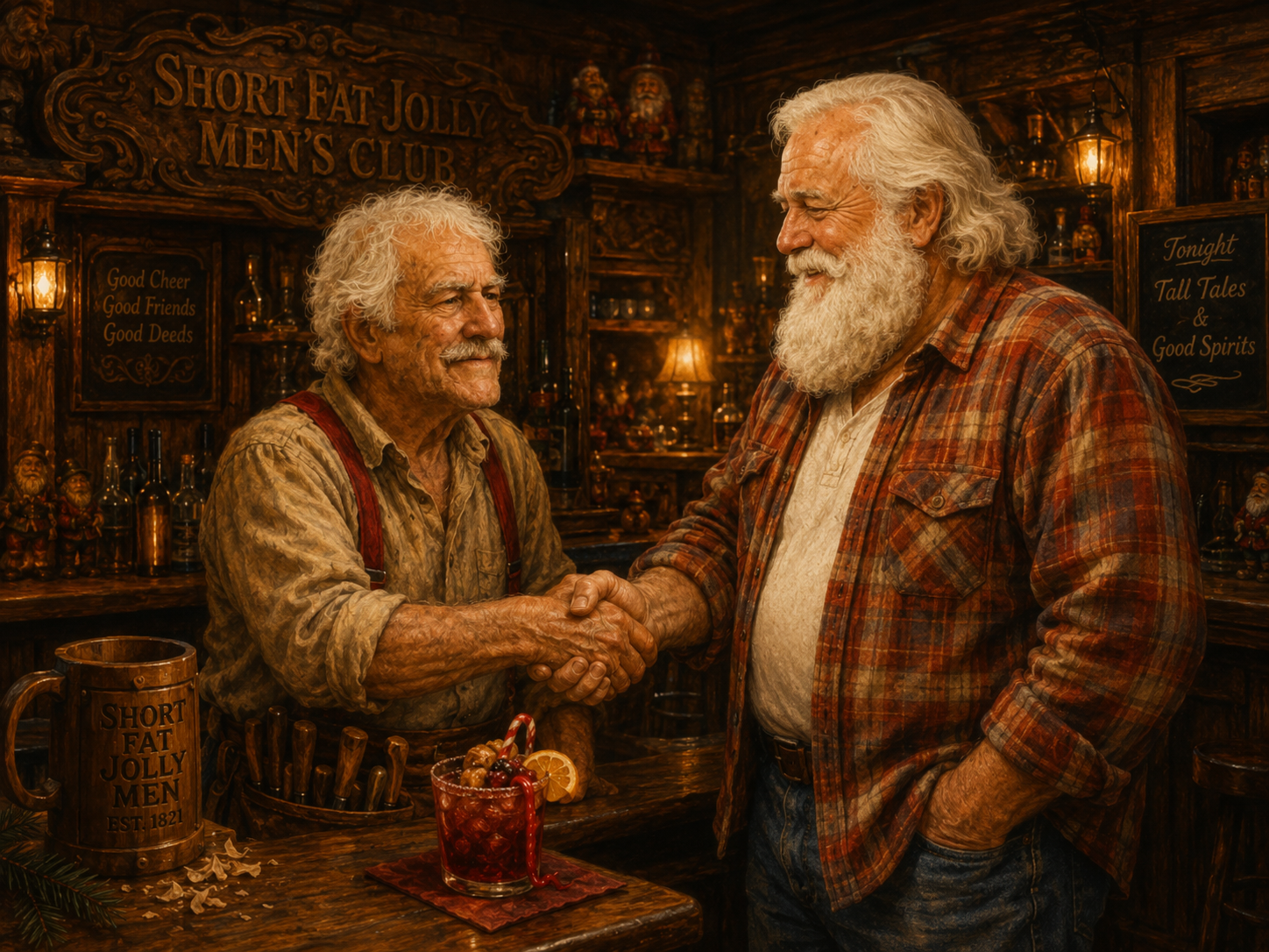The Old Woodcarver and Santa shaking hands at the club bar