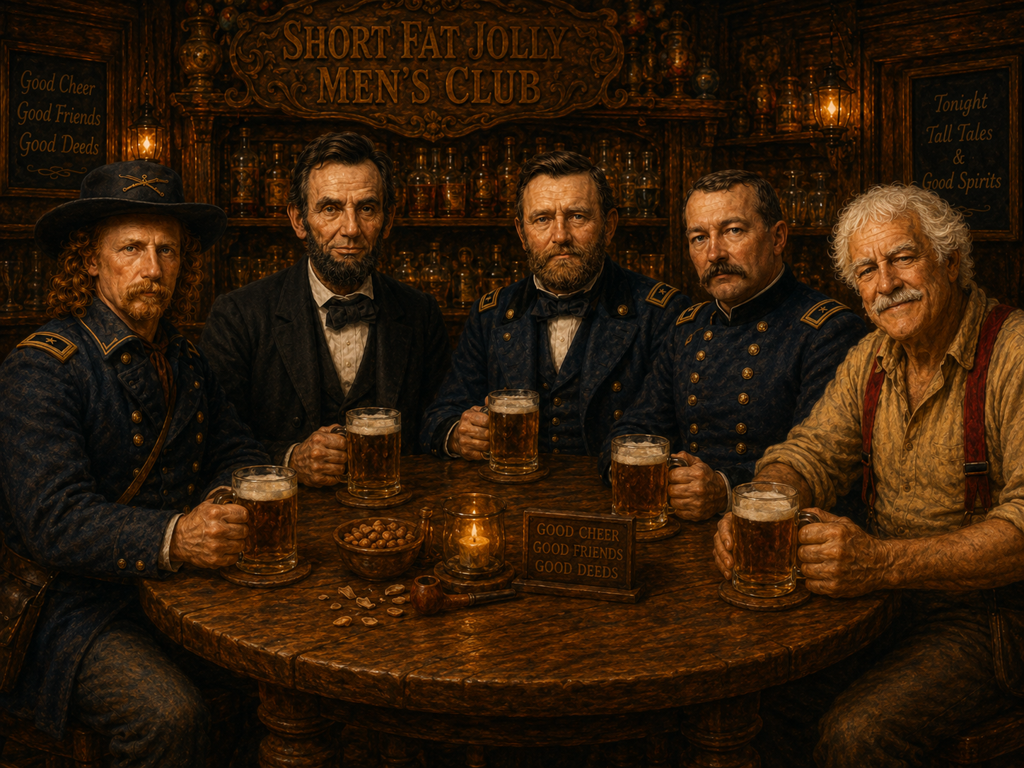 Historical figures including Lincoln seated at the Short Fat Jolly Men's Club