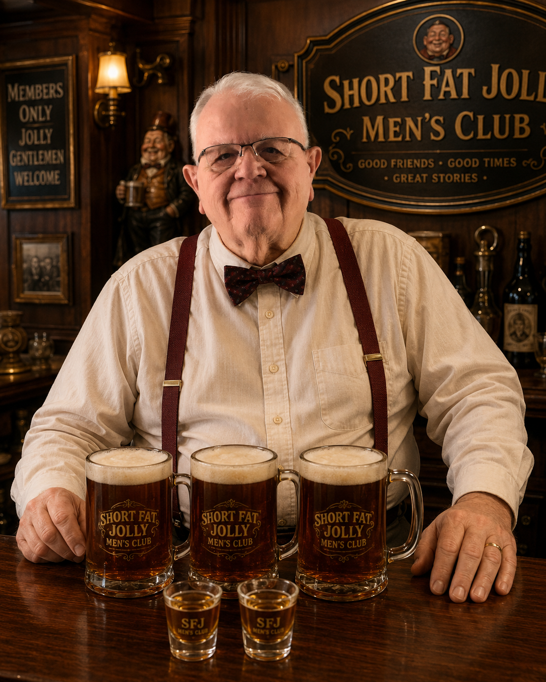 Club member behind the bar with Short Fat Jolly Men's Club mugs