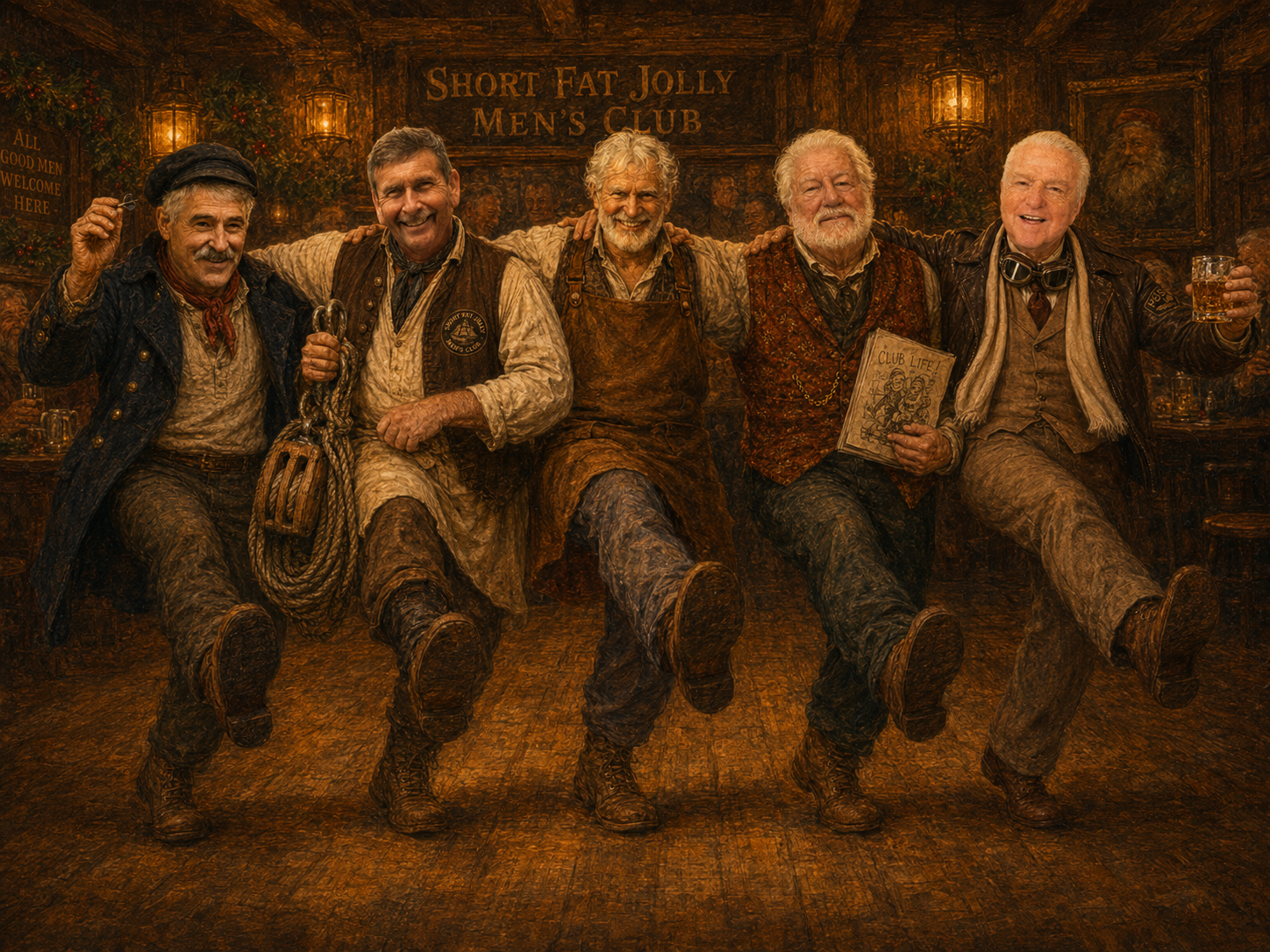 Five jolly men dancing at the Short Fat Jolly Men's Club