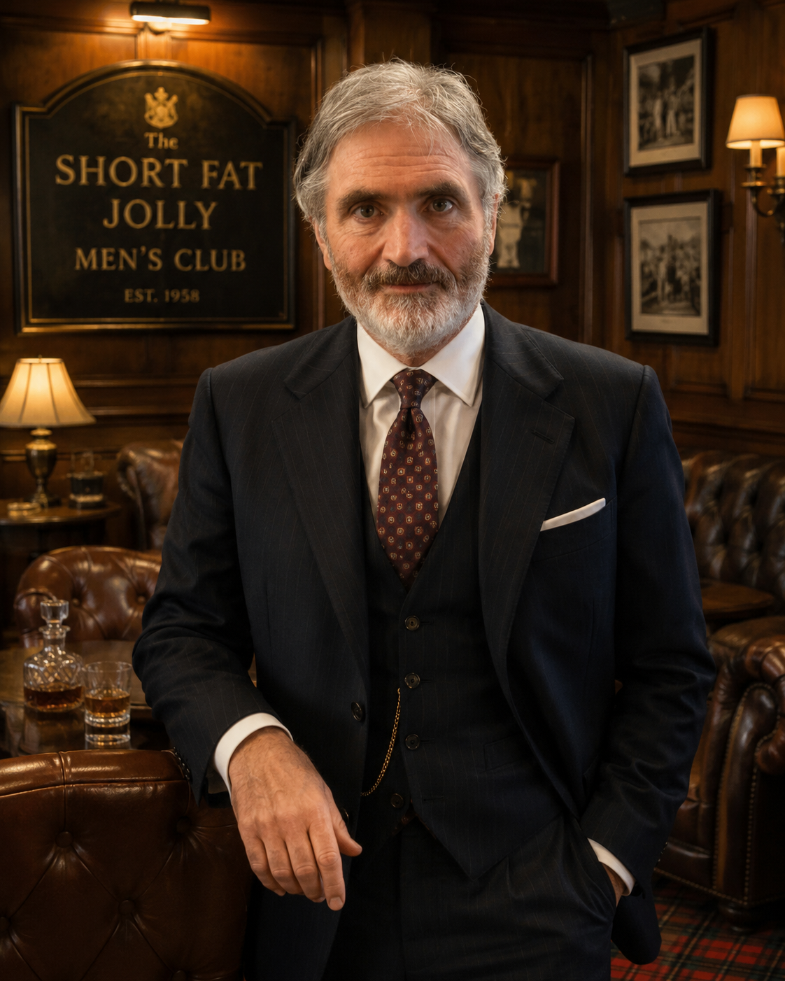 Distinguished member standing before the Short Fat Jolly Men's Club sign