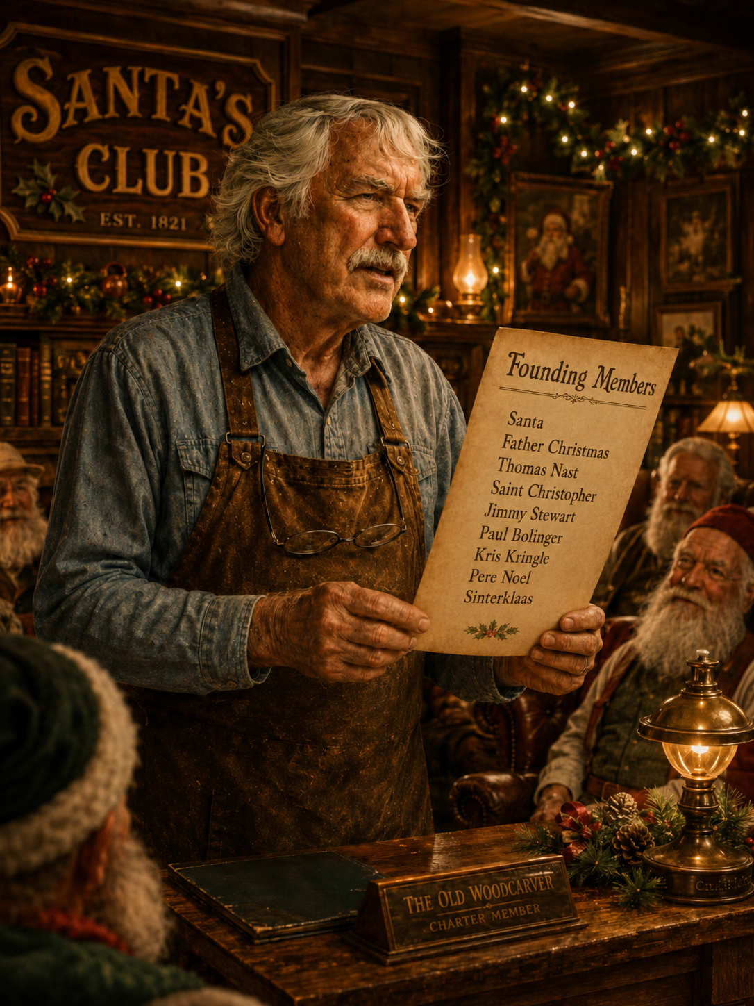 The Old Woodcarver reading the Founding Members list at Santa's Club