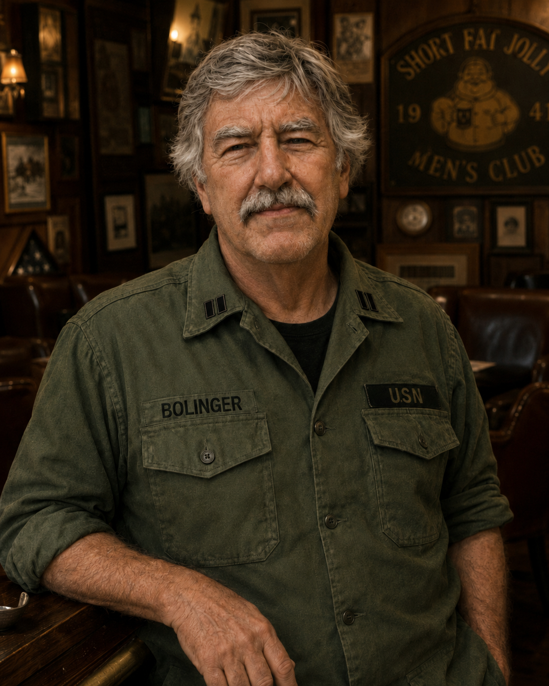 Paul Bolinger — The Old Woodcarver, U.S. Navy veteran, Keeper of the List and Judge, seated at the Short Fat Jolly Men's Club
