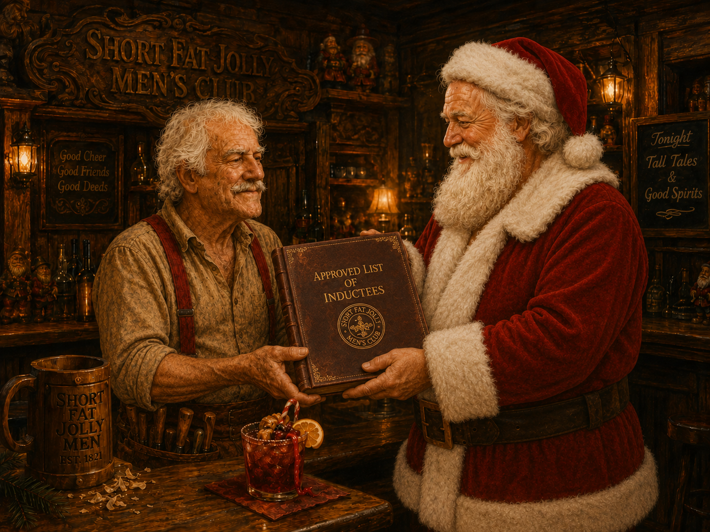 Santa handing the Approved List of Inductees to the Old Woodcarver at the Short Fat Jolly Men's Club