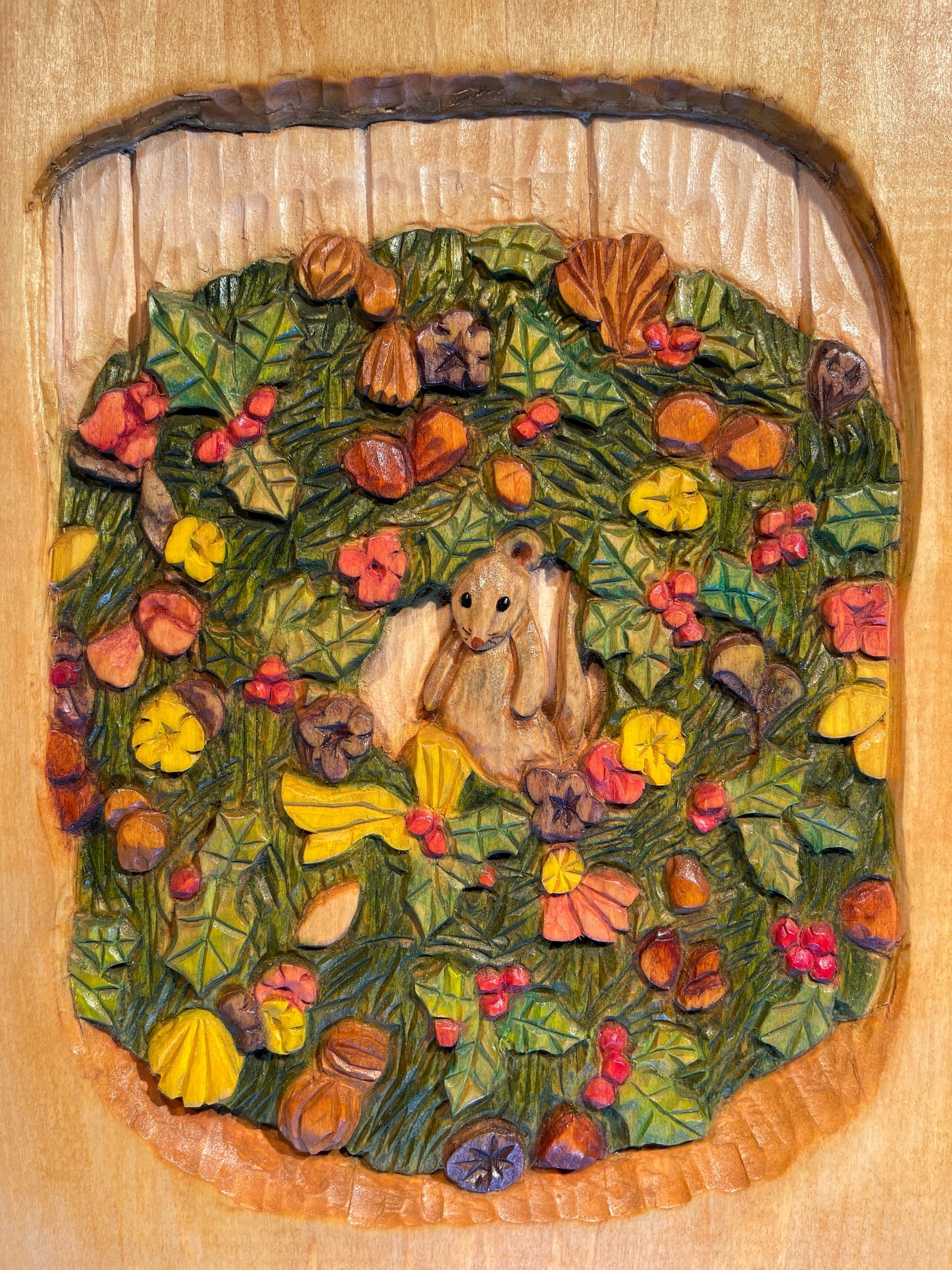 The Forever Wreath carved illustration — story scene with Father Christmas